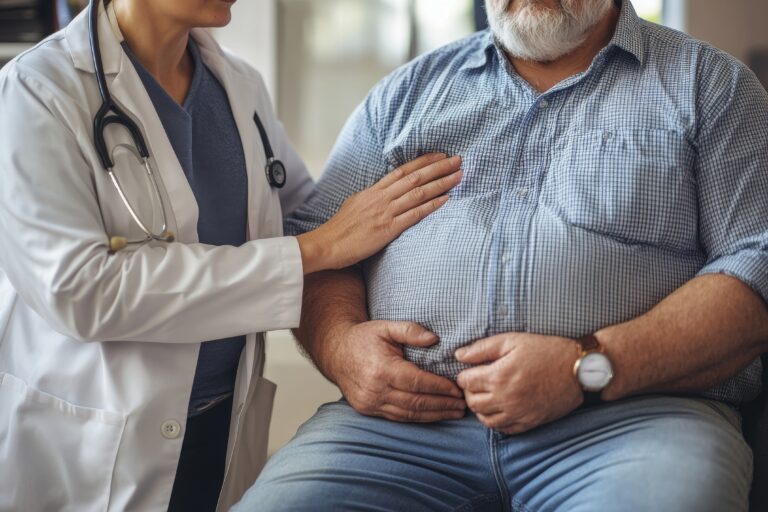 Symbolbild: Ein älterer strak übergewichtiger Herr wird noch einem Arzt untersucht. Er sitzt und der Arzt steht neben ihm.