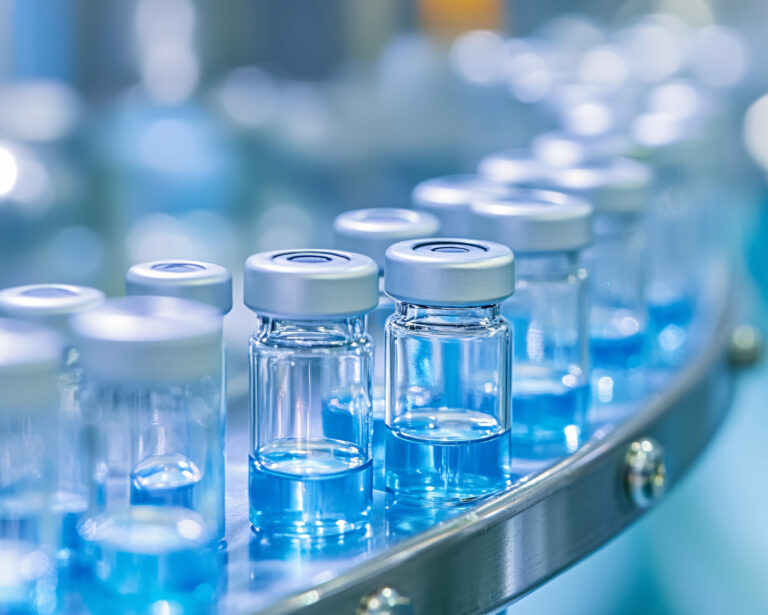 Symbolbild: impfstofffläschchen in Produktion aufgereiht.
