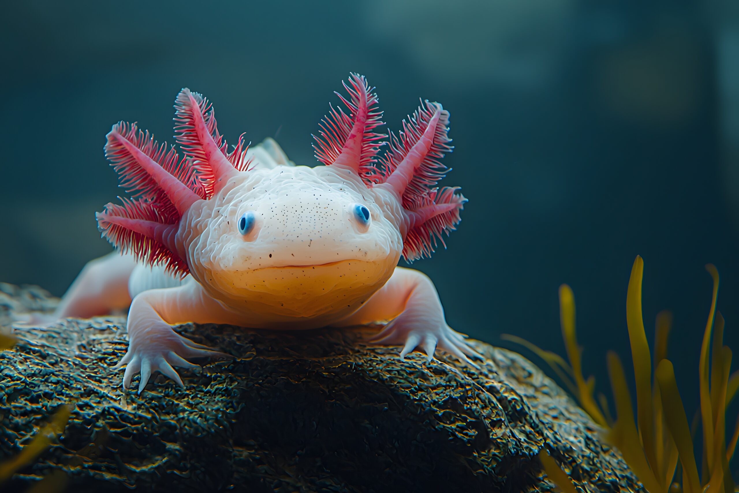 Ein Albino-Axolotl sitzt auf einem Stein.