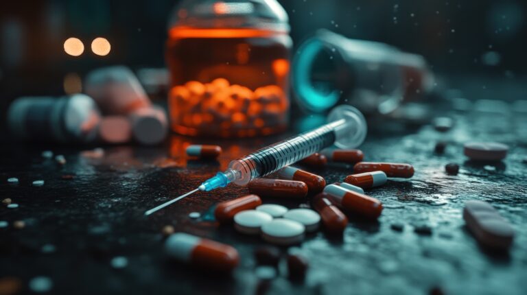 In schlechter Beleuchtung liegt eine Spritze neben einigen einzelenen Tabletten und Kapseln. Im Hintergrund steht ein Glasgefäß mit oranger Flüssigkeit.und nicht definierbaren Stücken am Boden.