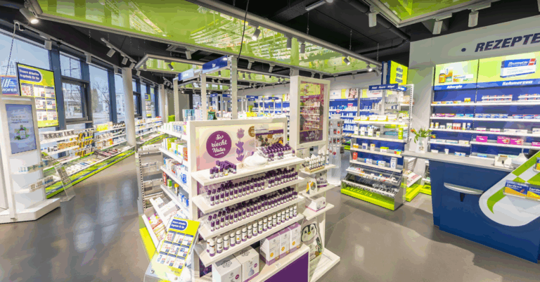 Im Verkaufsraum einer Apotheke stehen rechts die Bedienplätze ein blau-grün. Davor ist eine große Fläche mit schulterhohen Regalen, die sowohl am Rand des Raumes, aber auch in der Mitte platziert und mit Apothekenprodukten bestückt sind.