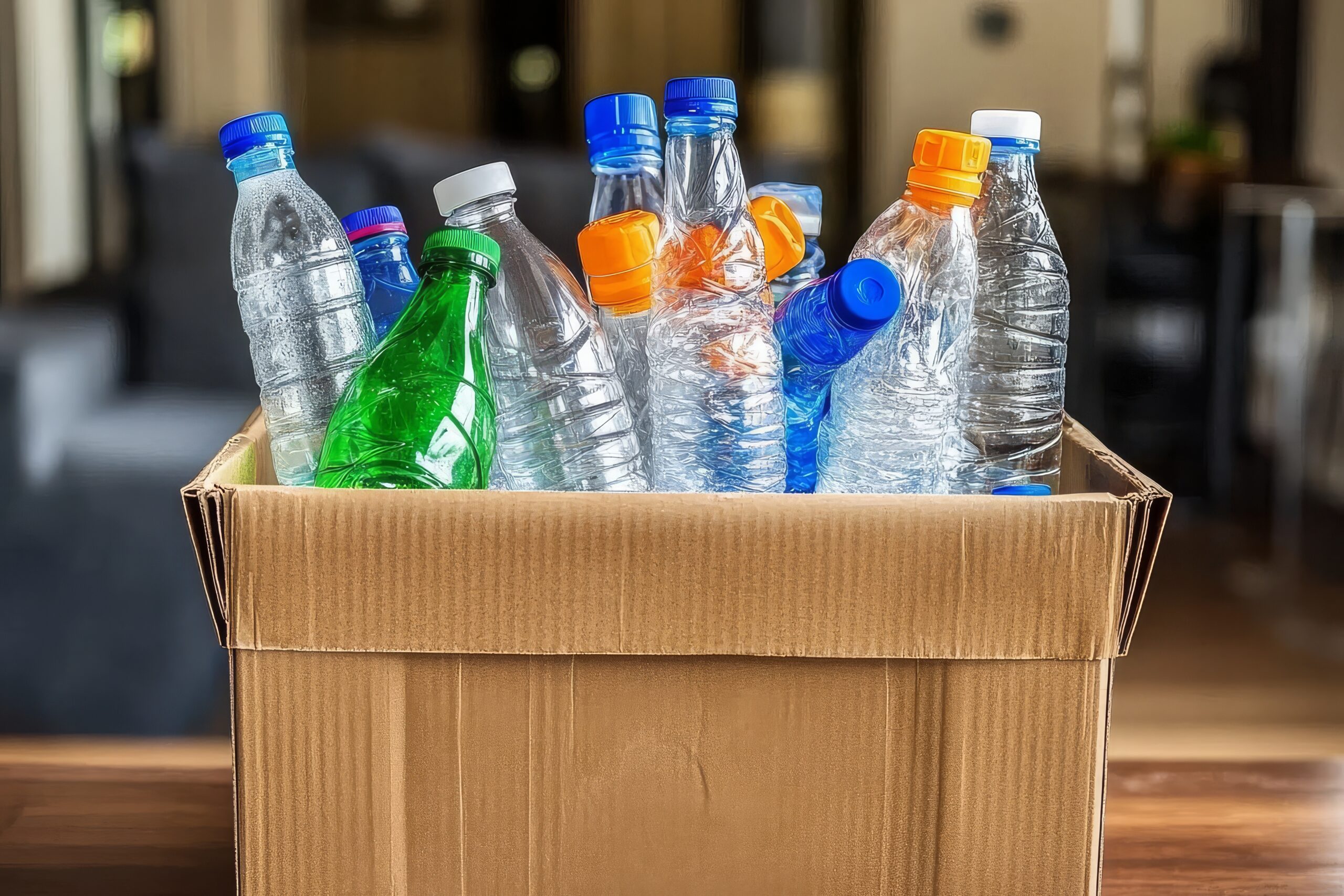 In einem Karton stecken viele leere Plastikflaschen in weiß, grün und blau.