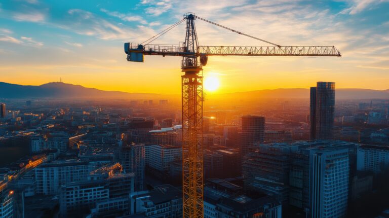 Hinter einem Baukran geht die Sonne unter.