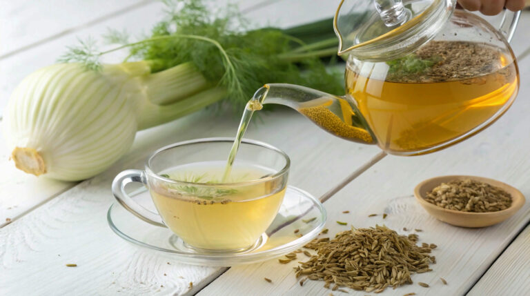 Auf einem Tisch steht eine durchsichtige Teetasse. In ist wird Fencheltee eingegossen aus einer Teekanne. Ringsherum liegen Fenchelsamen und eine Fenchelknolle.