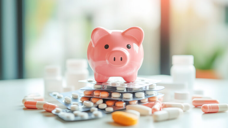 Sparschwein steht auf einem Berg aus Tablettenblistern.