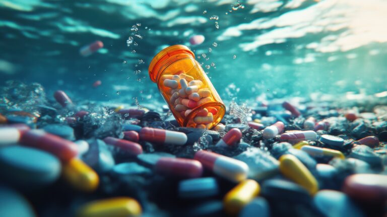 Eine orangene Pillendose schwimmt im Wasser. Sie ist randvoll mit Kapseln gefüllt und von unzähligen Kapseln am Wasserboden umringt.