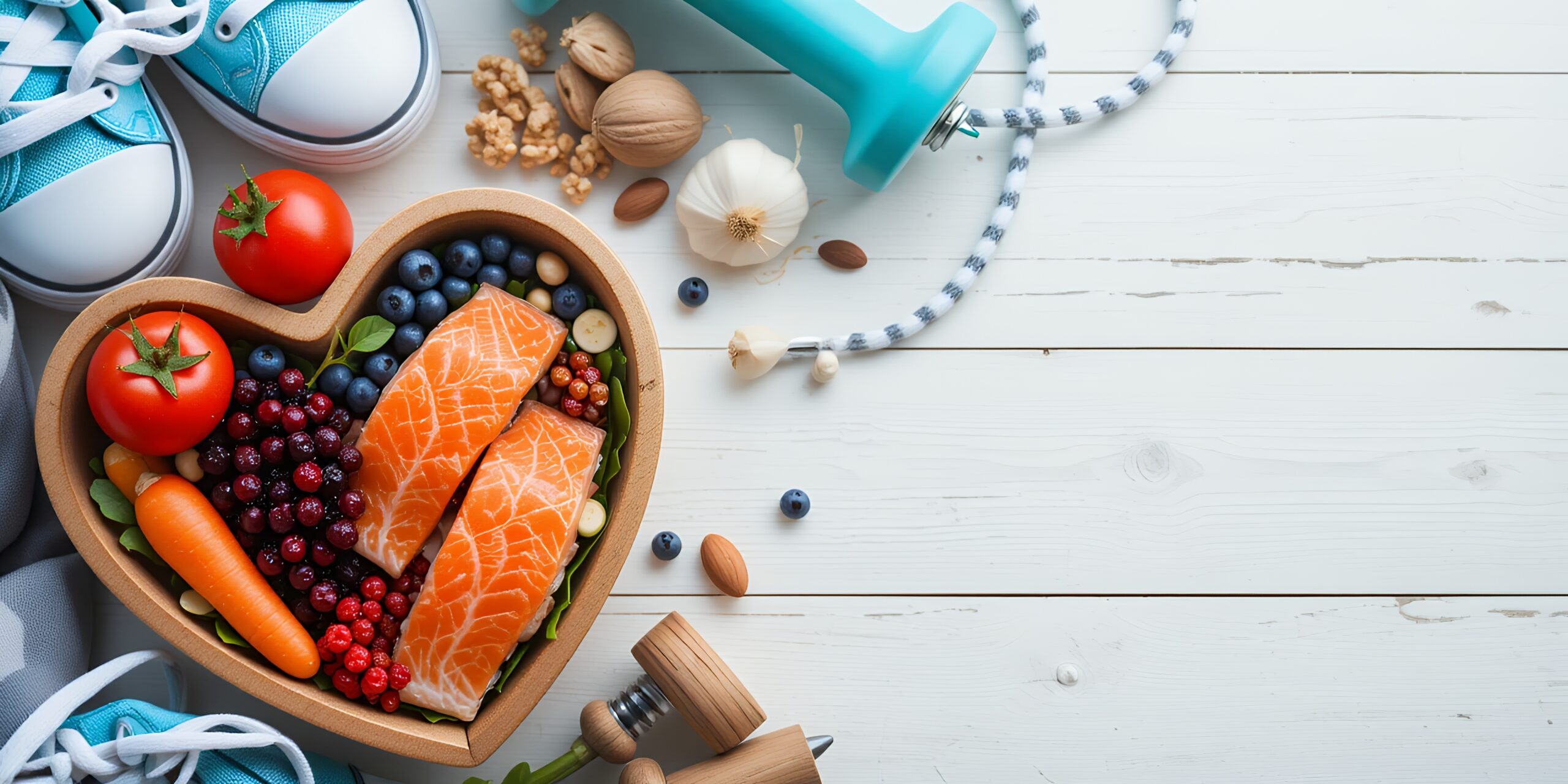 In einer herzförmigen schale liegen gesunde Lebensmittel wie Tomate und Lachs. Daneben liegt ein Springseil und es sind Turnschuhe zu erkennen.