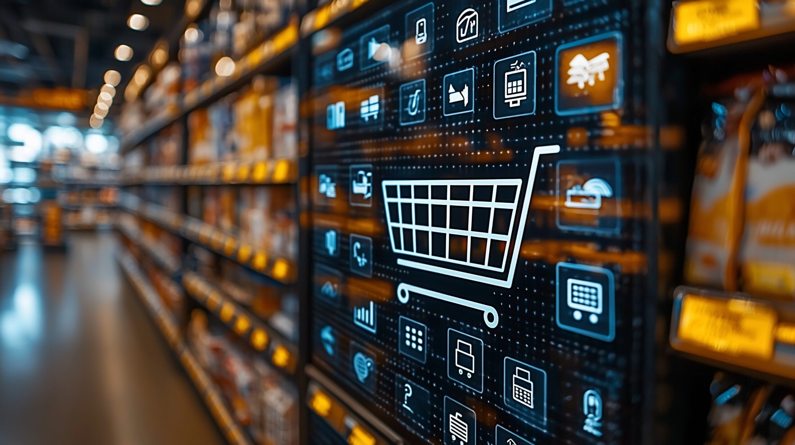 Eine digitale Verkaufsoberfläche wird auf ein Supermarktregal projiziert.