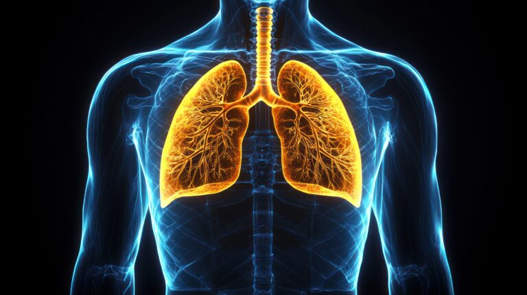 In einem transparenten Torso ist die Lunge gelb eingefärbt.