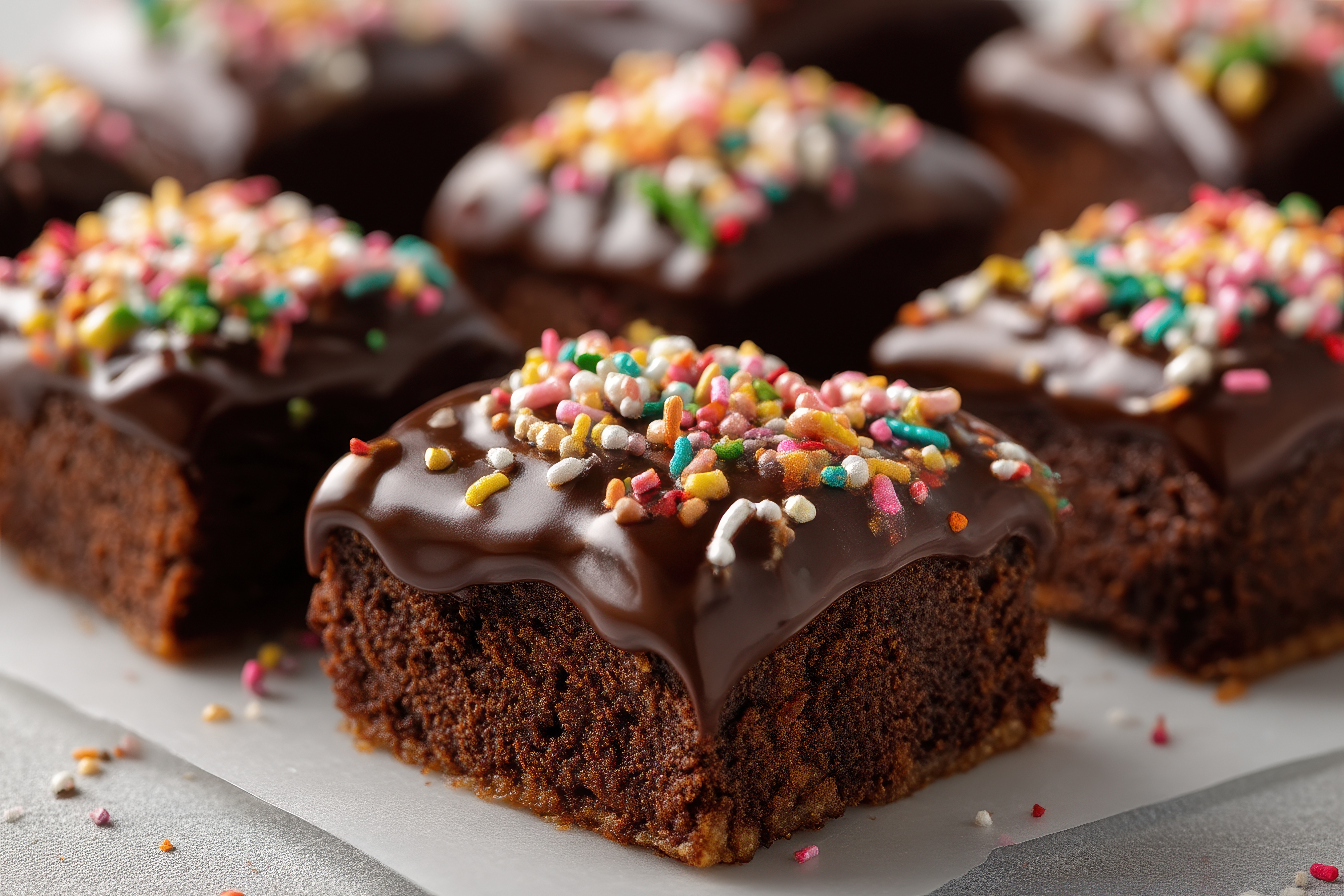Ein Tablett mit Brownies mit Schokoglasur und Zuckerstreusel.