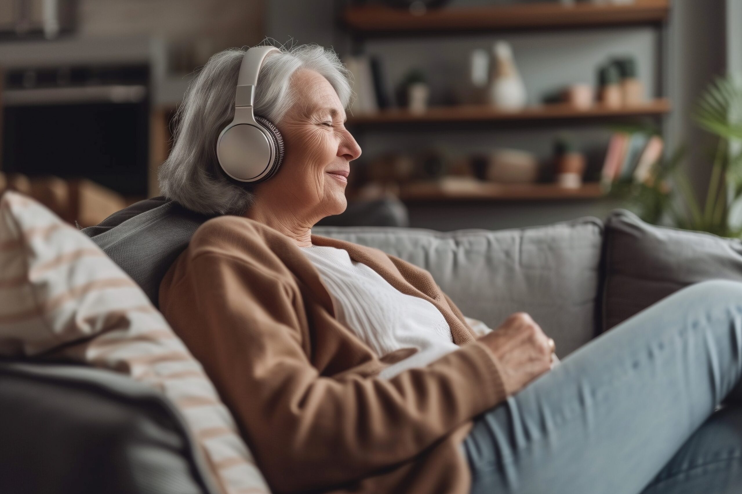 Eine Seniorin sitzt entspannt mit Kopfhörern auf dem Sofa.