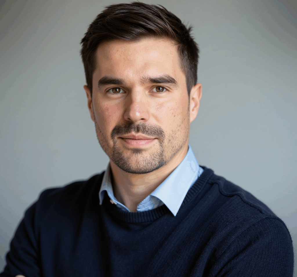 Erik Peiter ist Mitte 30, hat kurze dunkle Haare und einen Musketier-Bart.