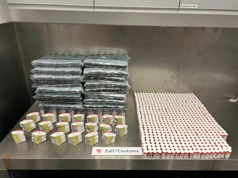 Auf einer Ablage sind die geschmuggelten Pillen zu sehen. Fein säuberlich aufgereiht. Vorne in Papierumschlägen, rechts in Dosen und hinten links in Plastik verpackt.