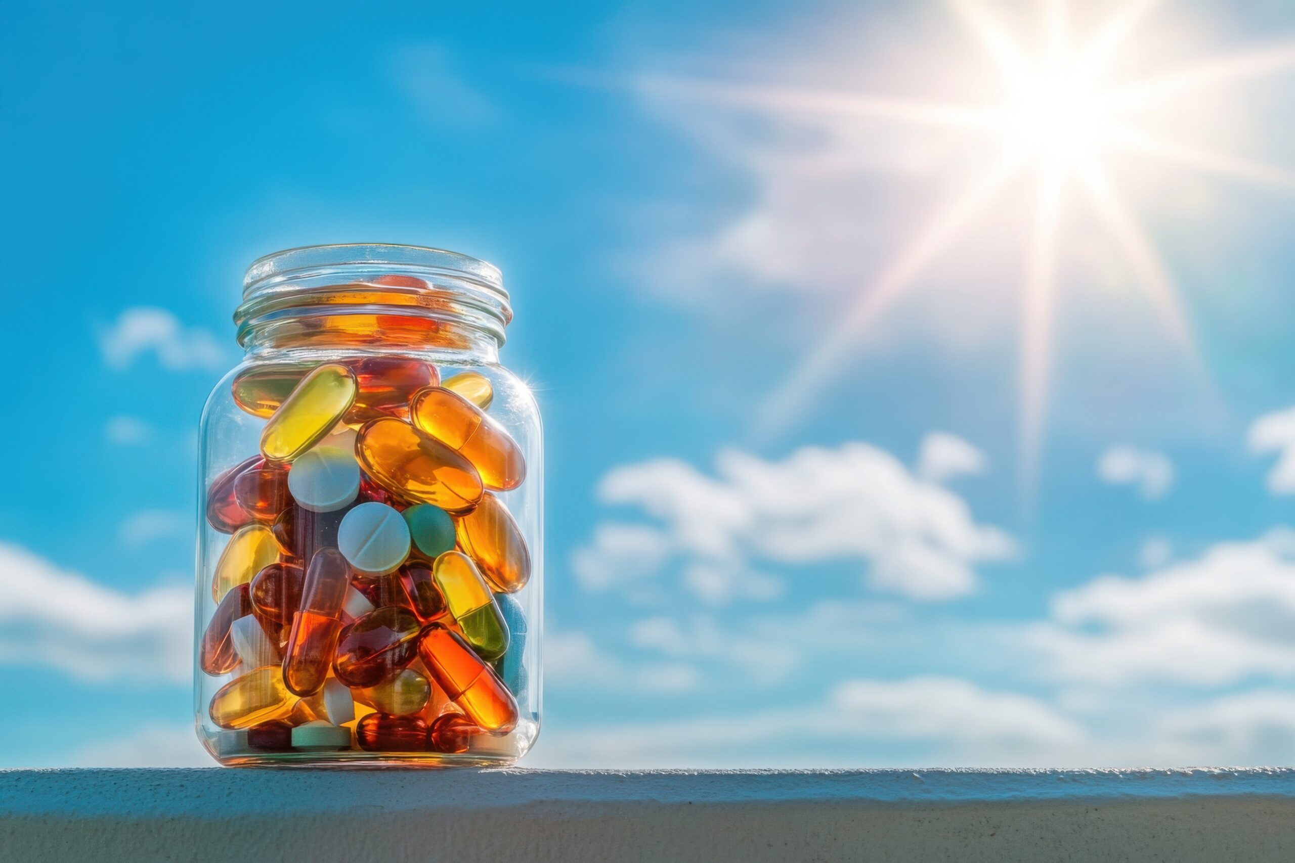 Glas mit verschiedenen Tabletten und Kapseln, das in der Sonne steht