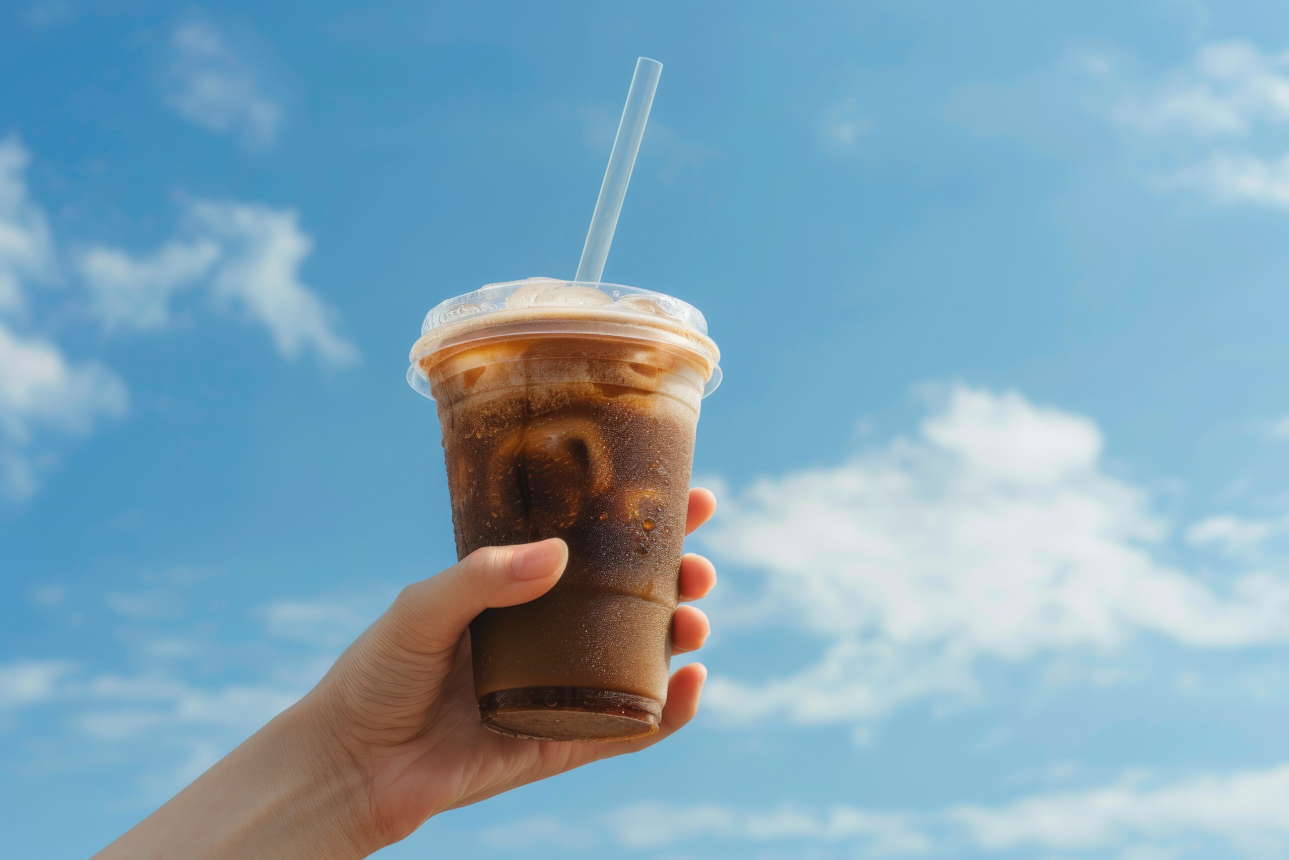 Eine Hand hält einen durchsichtigen Becher mit Kaffee in den Himmel.