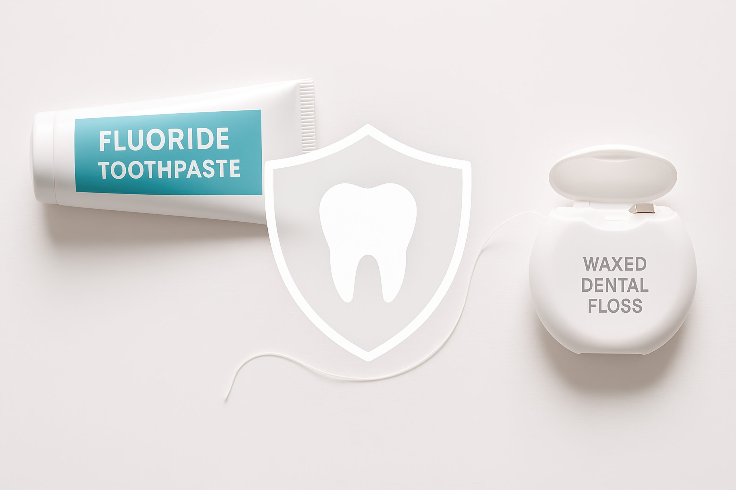 Auf dem Bild liegt links eine Zahnpastatube mit der Aufschrift "Fluorid Toothpaste", in der Mitte ist ein zahn abgebildet und rechts liegt eine weiße gewachste Zahnseide.