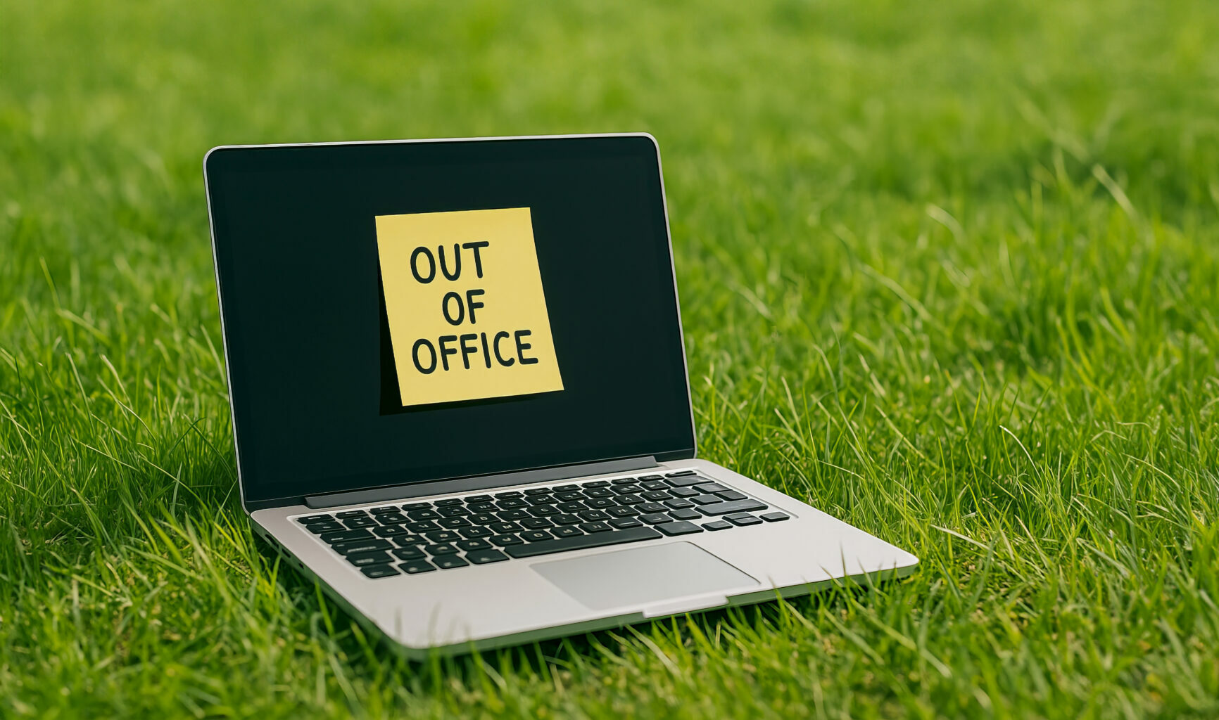 Auf einem grünen Rasen steht ein Laptop. Auf seinem geöffneten Bildschirm klebt ein Post it mit den Worten "out of office".