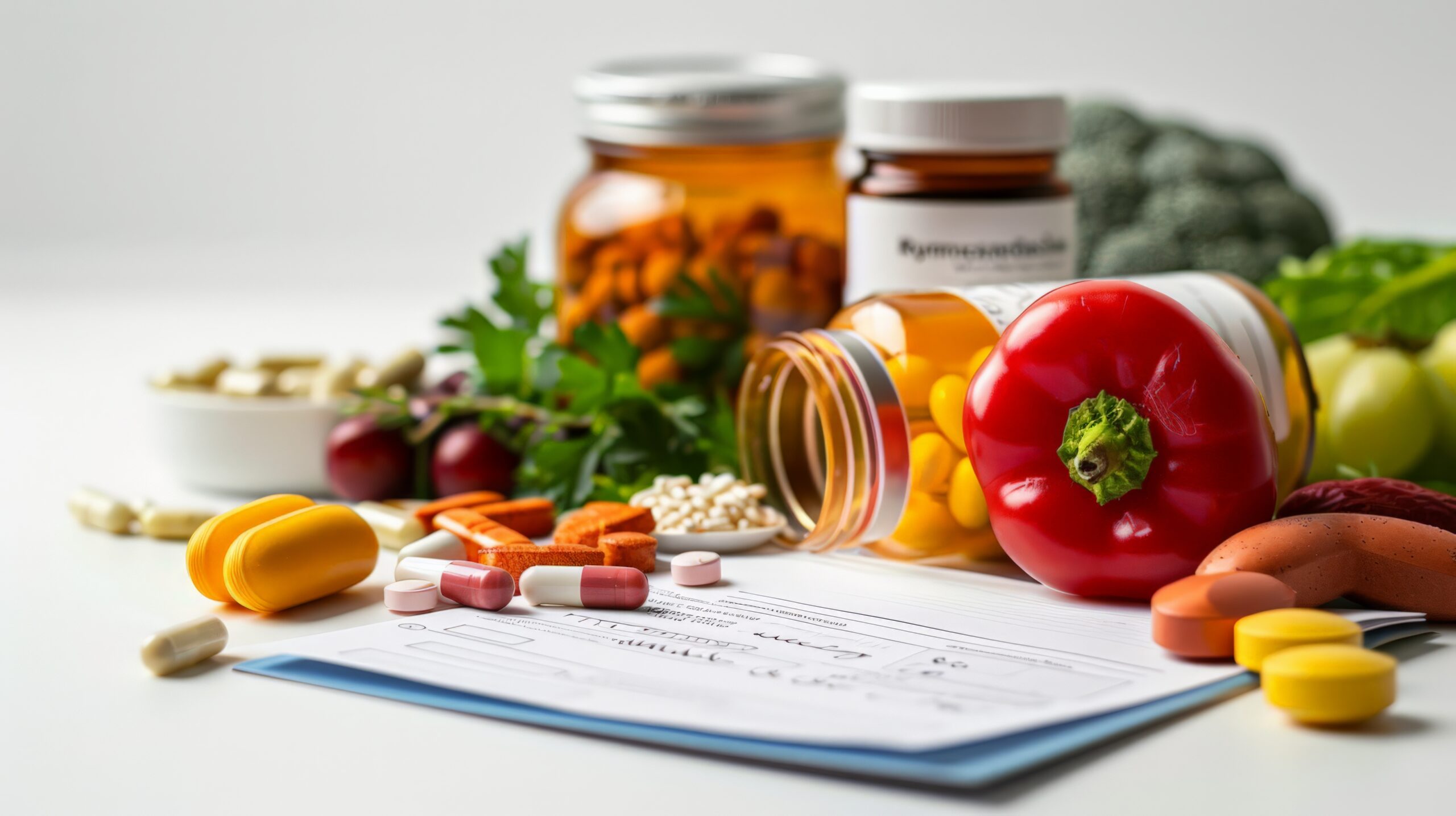 Tabletten und verschiedene Gemüse