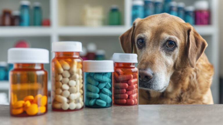 Hund, der auf vier Packungen von Tabletten schaut.