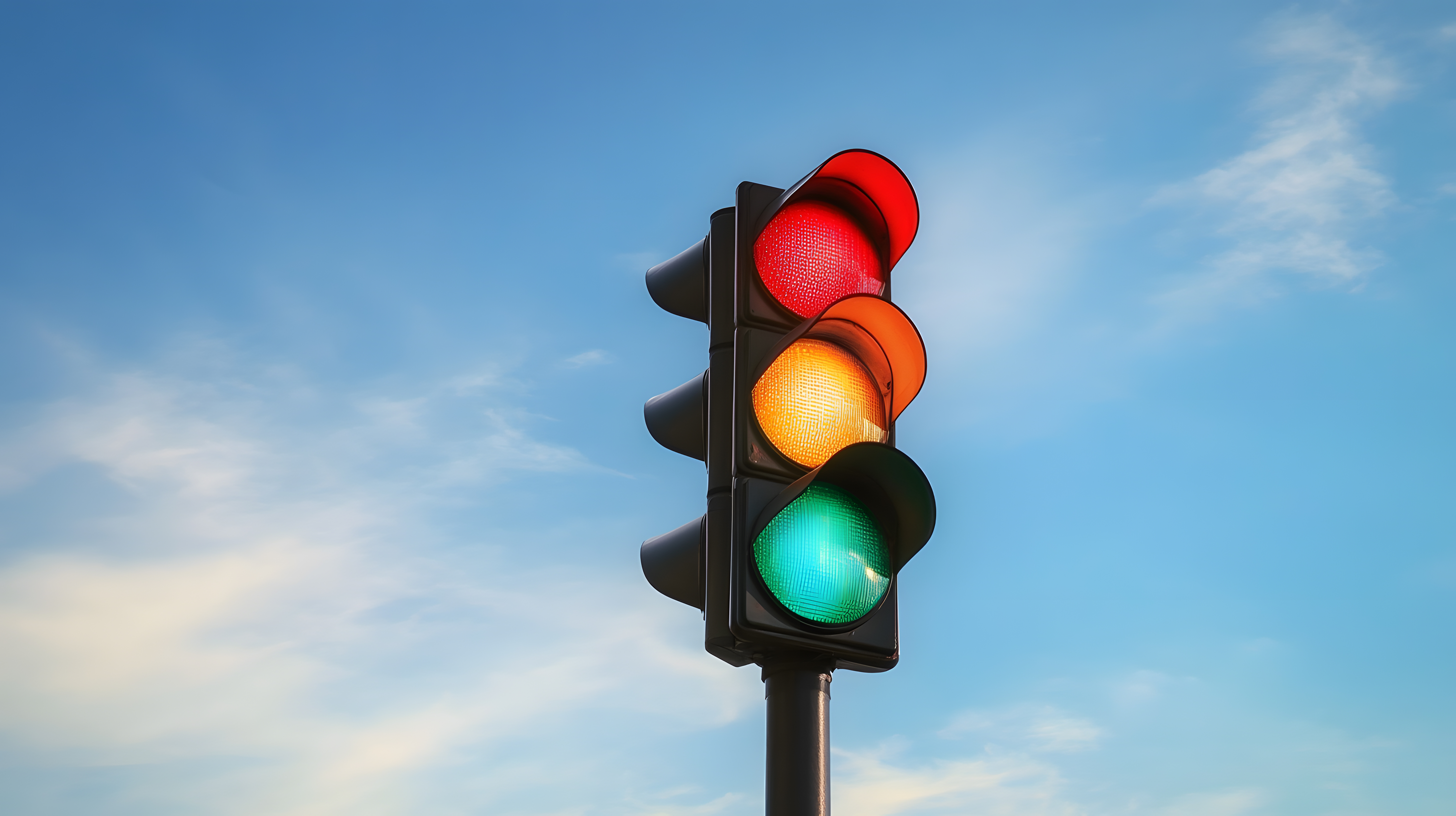 Eine Ampel ist auf einem wolkigen Hintergrund zu sehen. Alle drei Lichter leuchten (rot, gelb, grün).