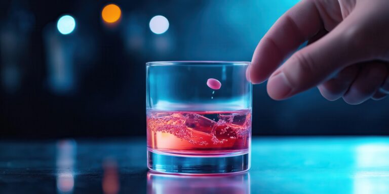 Symbolfoto: Ein Whiskyglas steht auf einer Theke und eine Hand gibt eine Tablette hinein.