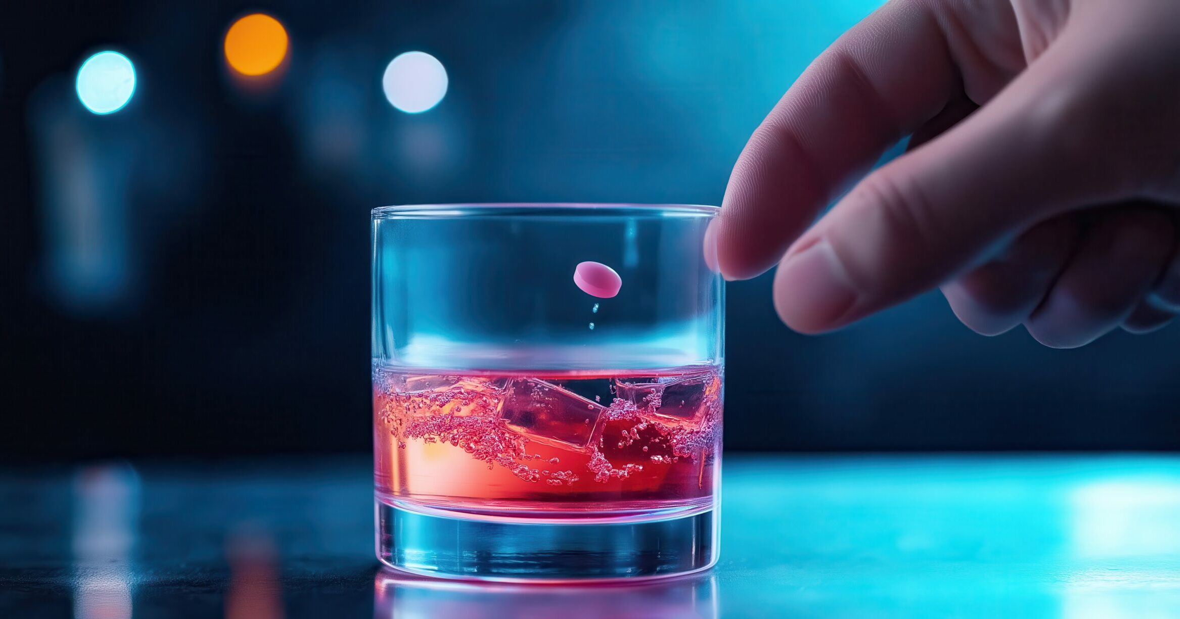 Symbolfoto: Ein Whiskyglas steht auf einer Theke und eine Hand gibt eine Tablette hinein.