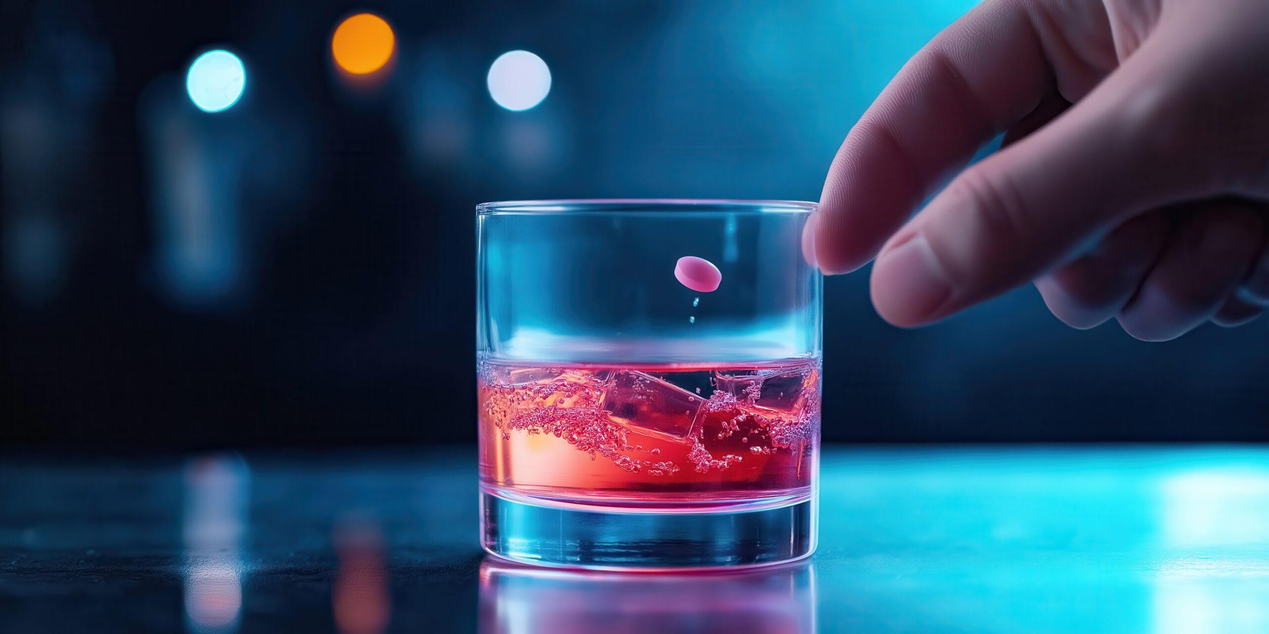Symbolfoto: Ein Whiskyglas steht auf einer Theke und eine Hand gibt eine Tablette hinein.