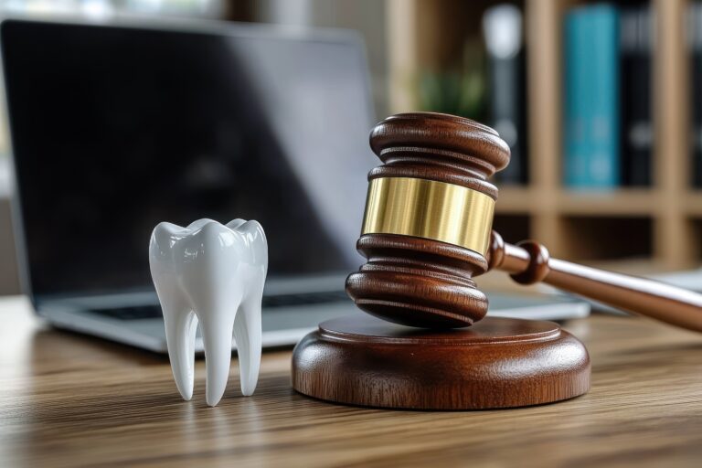 Symbolbild: Ein Zahn steht neben einem Richterhammer