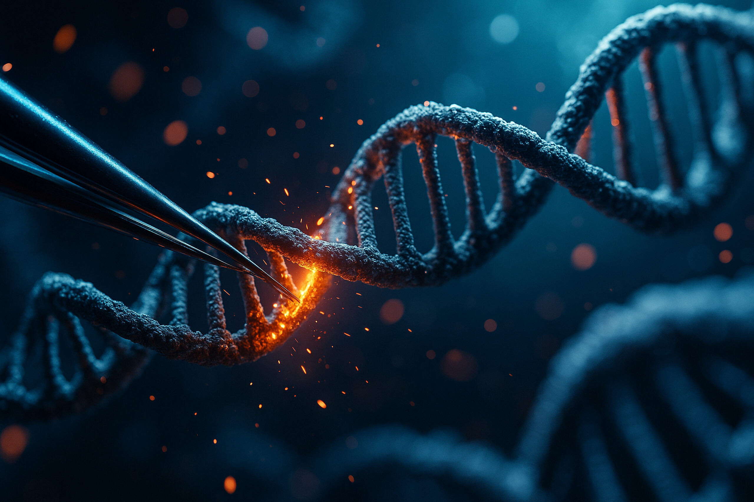 Symbolbild: Ein DNA-Doppelstrang wird von einer Genschere berührt. Die Stelle glüht orange und Funken sprühen.