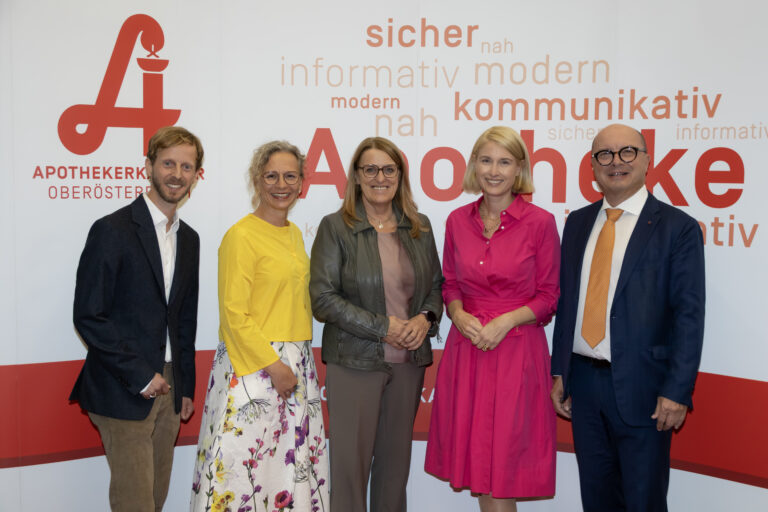 EInn Gruppenfoto der Gäste und Gastgeber der Sommergespräche. Sie stehen vor einer Fotowand mit Apotheken-Zeichen.