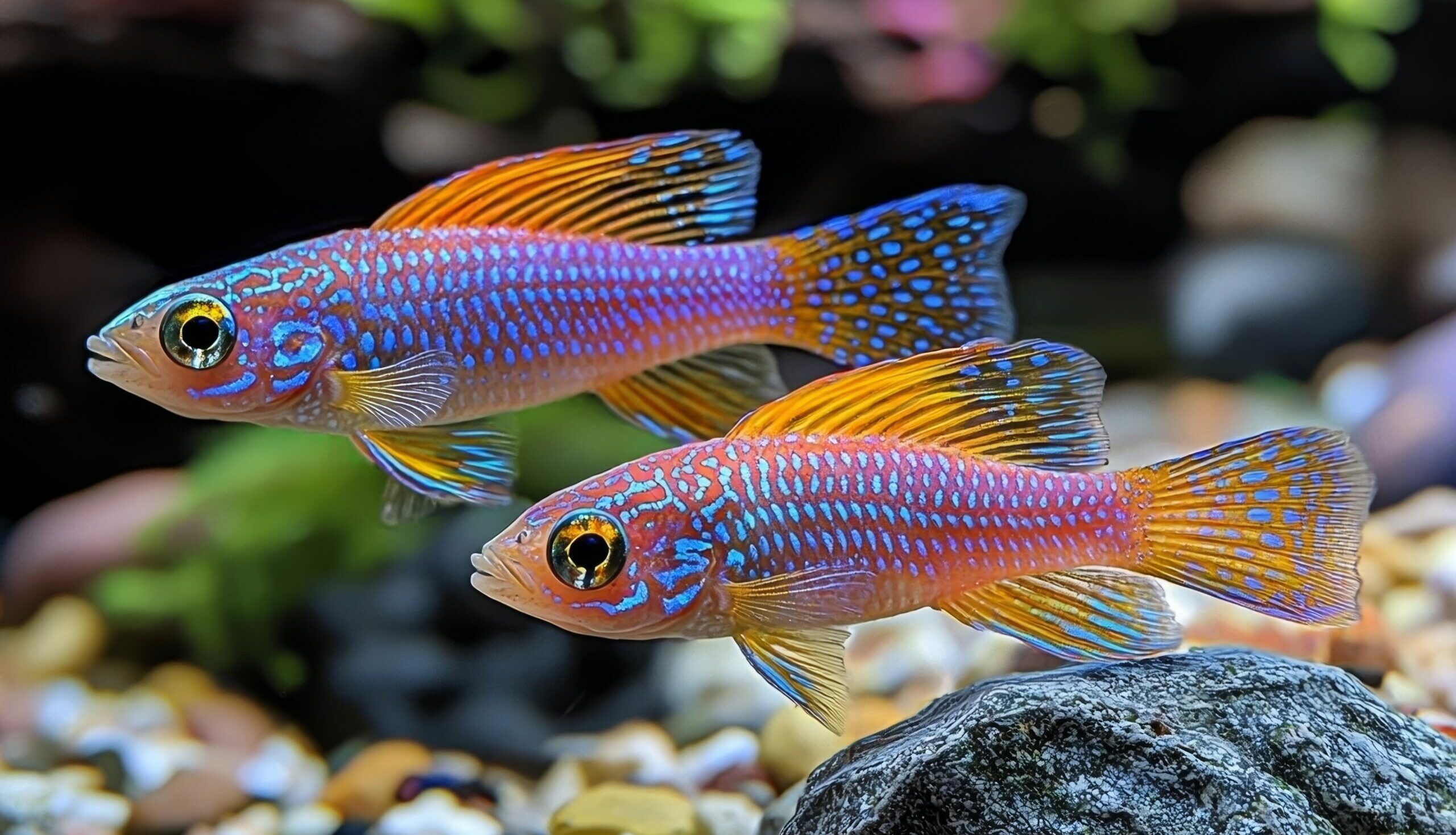 Symbolbild: Zwei Killifische schwimmen in einem Aquarium. Umgeben von Steinen und Pflanzen.