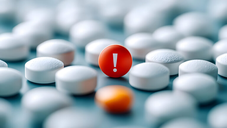 Pillen und rotes Ausrufezeichen