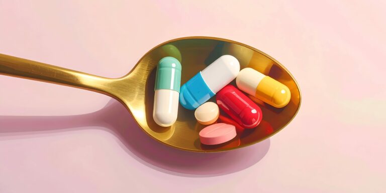 Symbolbild: Ein goldener Löffel mit bunten Kapseln und Tabletten.