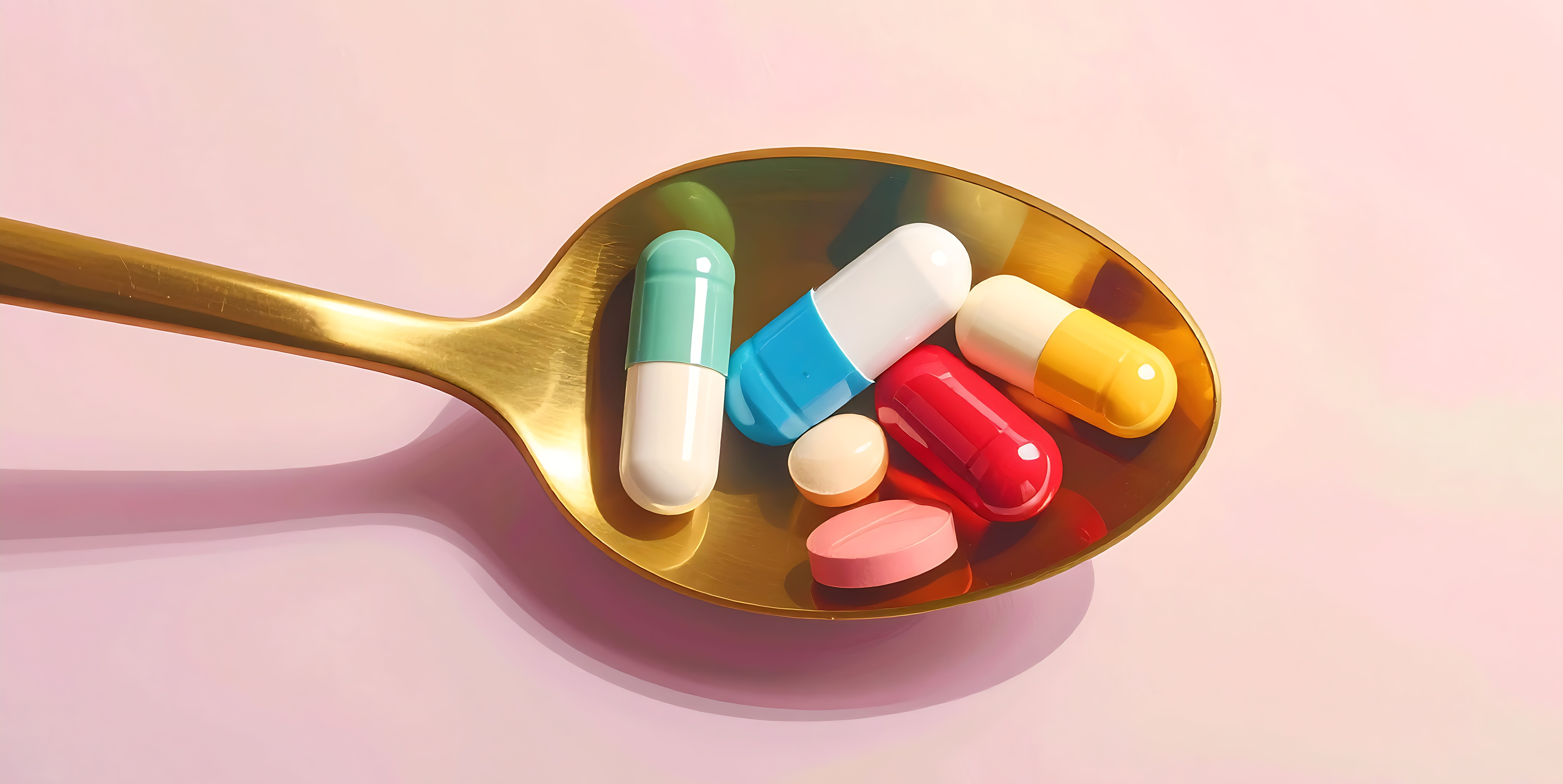 Symbolbild: Ein goldener Löffel mit bunten Kapseln und Tabletten.