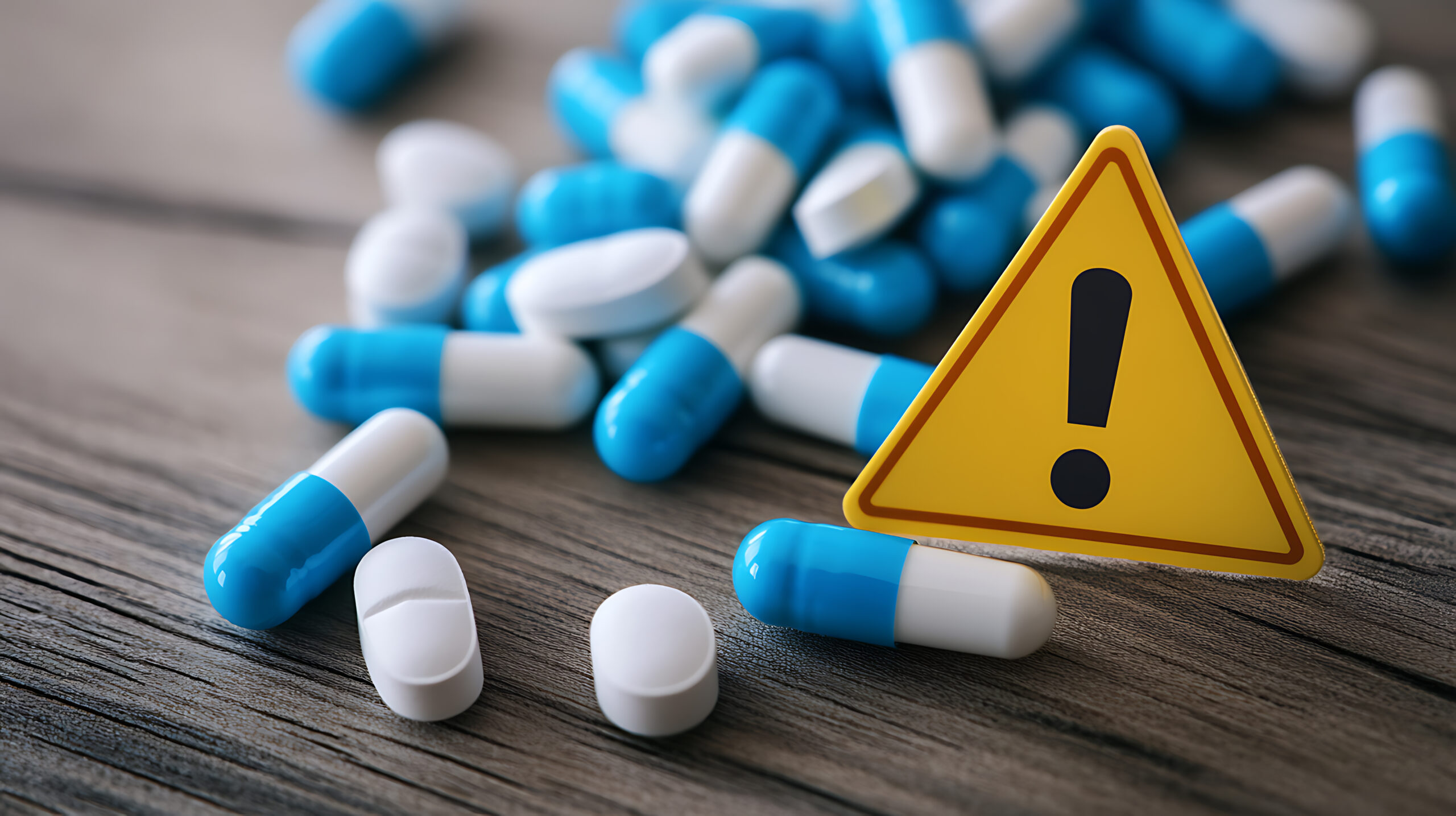 Kapseln und Tabletten hinter gelben Warnschild