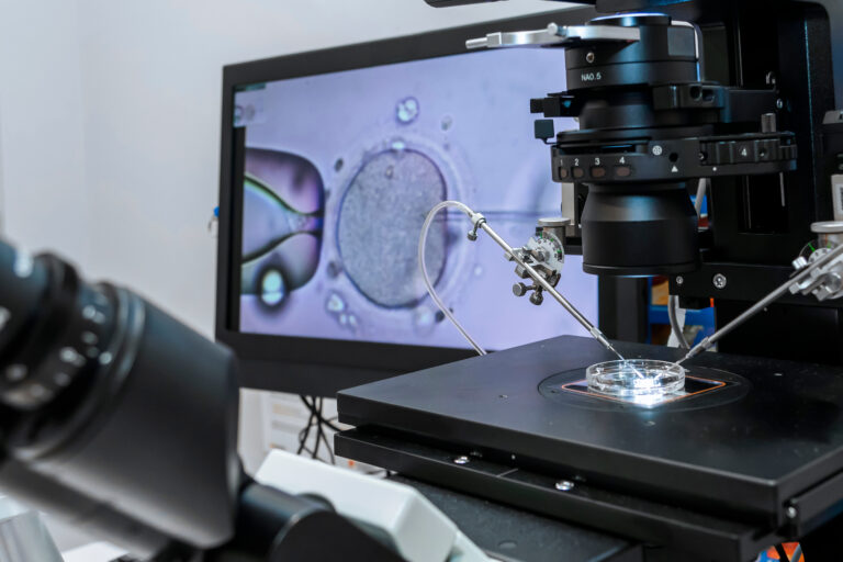 Symbolbild: Moderner IVF micromanipulator﻿ mit Petrischale im Labor. Ei Mikroskop und ein Bildschirm mit einer Eizelle sind zu sehen.