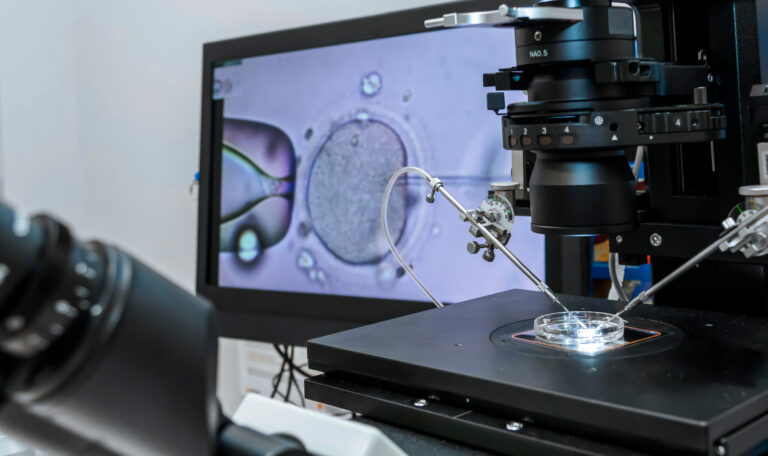 Symbolbild: Moderner IVF micromanipulator﻿ mit Petrischale im Labor. Ei Mikroskop und ein Bildschirm mit einer Eizelle sind zu sehen.