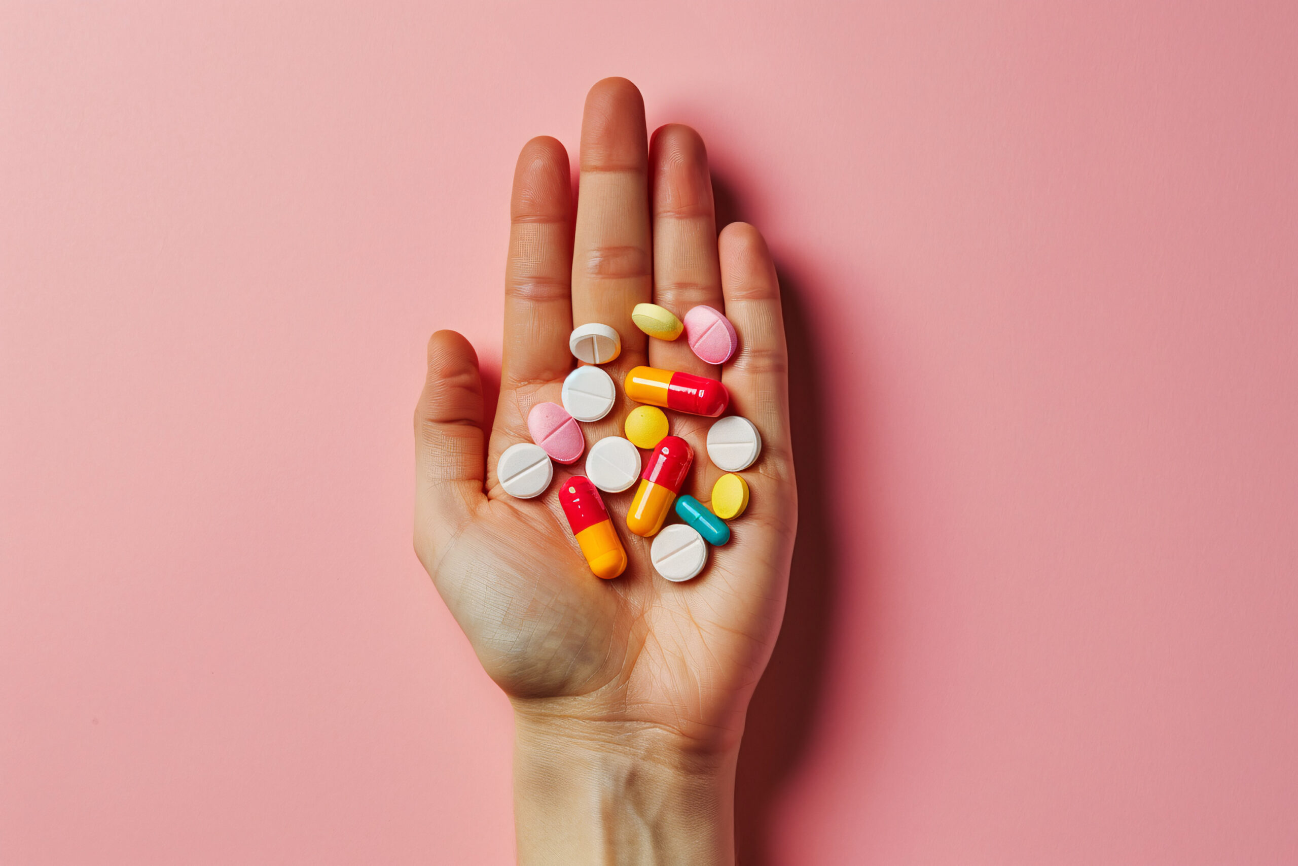 Hand mit verschiedenen bunten Tabletten und Kapseln