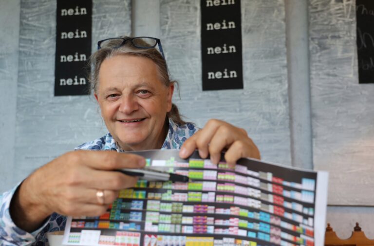 Hannes Rain hält ein Blatt Papier hoch. Er Zeigt mit einem Stift auf eine strukturierte Sichtwahl. Man sieht verschiedene Packungen verschwommen auf dem Bild.