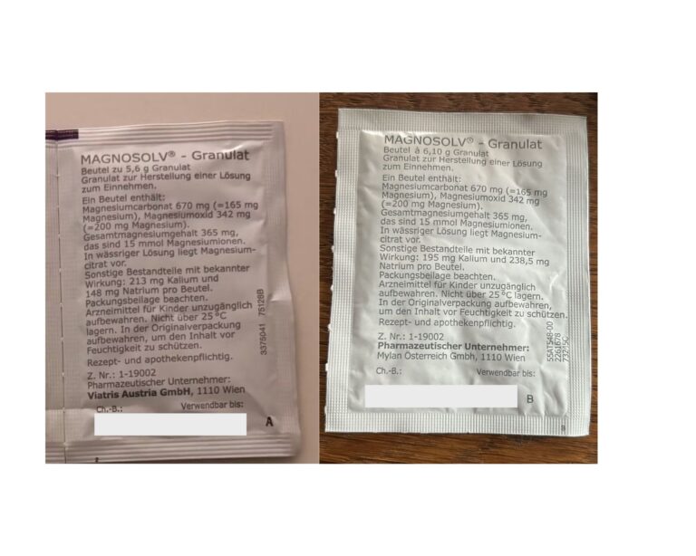 Zwei Packungsbeutel von Magnosolv liegen nebeneinander. Eine vor und eine nach Änderung der Zusammensetzung.