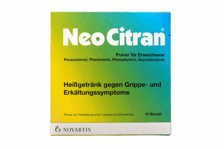 Symbolbild: Die Packung von Neo Citran. Sie ist gelblich bläulich verlaufen.