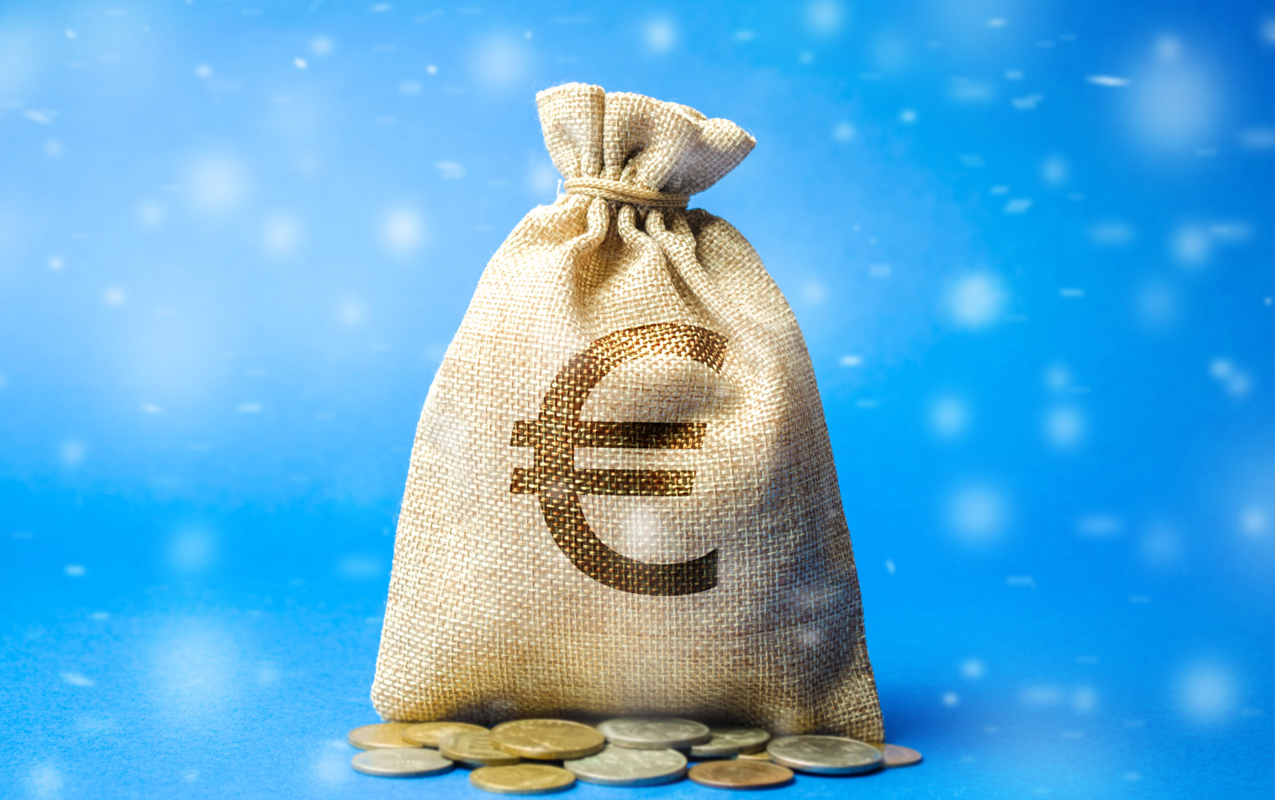 Symbolbild: Ein Geldack mit Euro Symbol im Schneesturm.