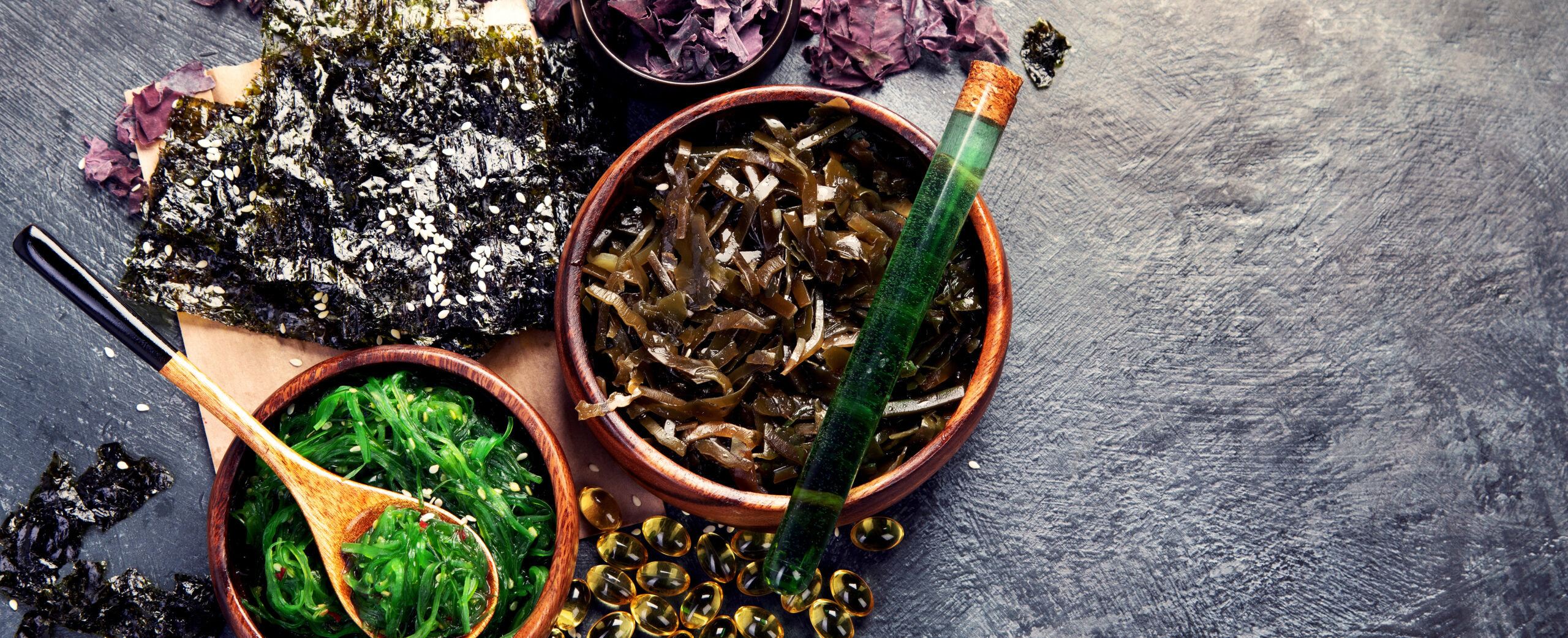 Symbolbild: Verschiedene Algen liegen auf einer Steinplatte. In ihnen stecken Löffel.