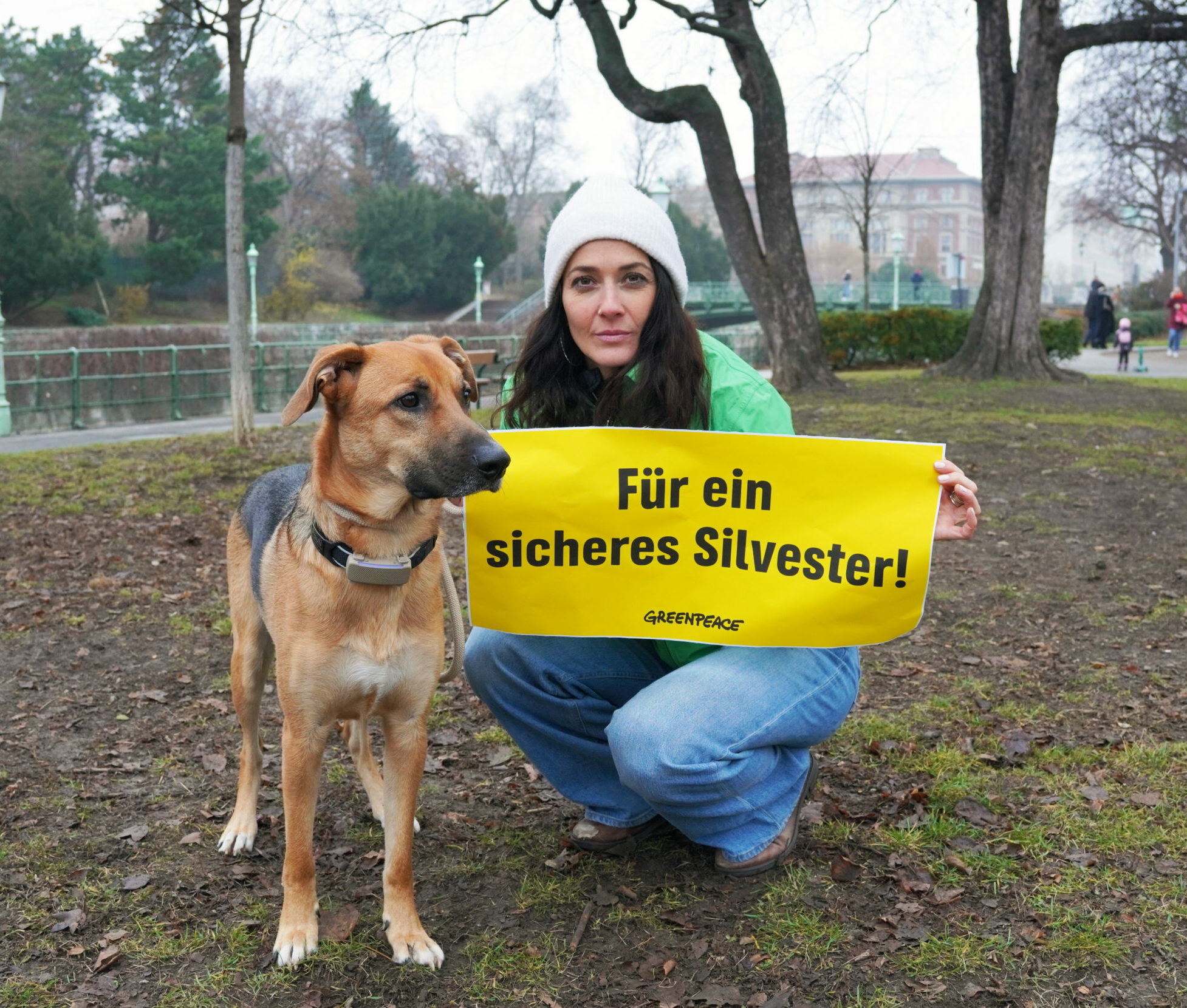 Eine Dame kniet neben einem Hund. Sie hält einen Banner mit der Aufschrift "Für ein sicheres Silvester".