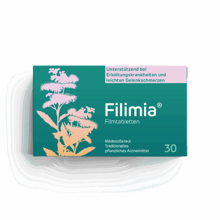 Die Filimia Packung ist grünlich türkis und mit einer Pflanze bedruckt.
