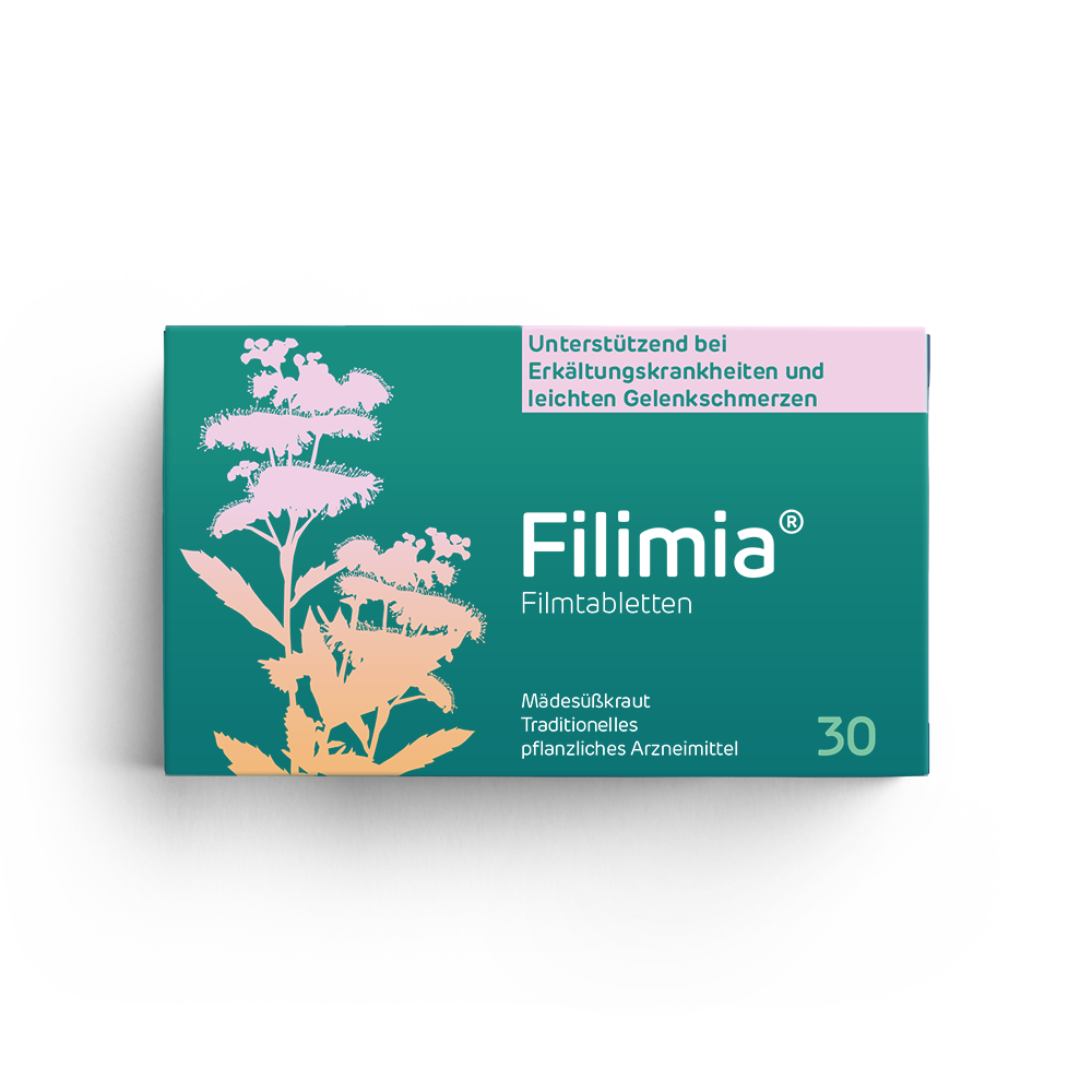 Die Filimia Packung ist grünlich türkis und mit einer Pflanze bedruckt.