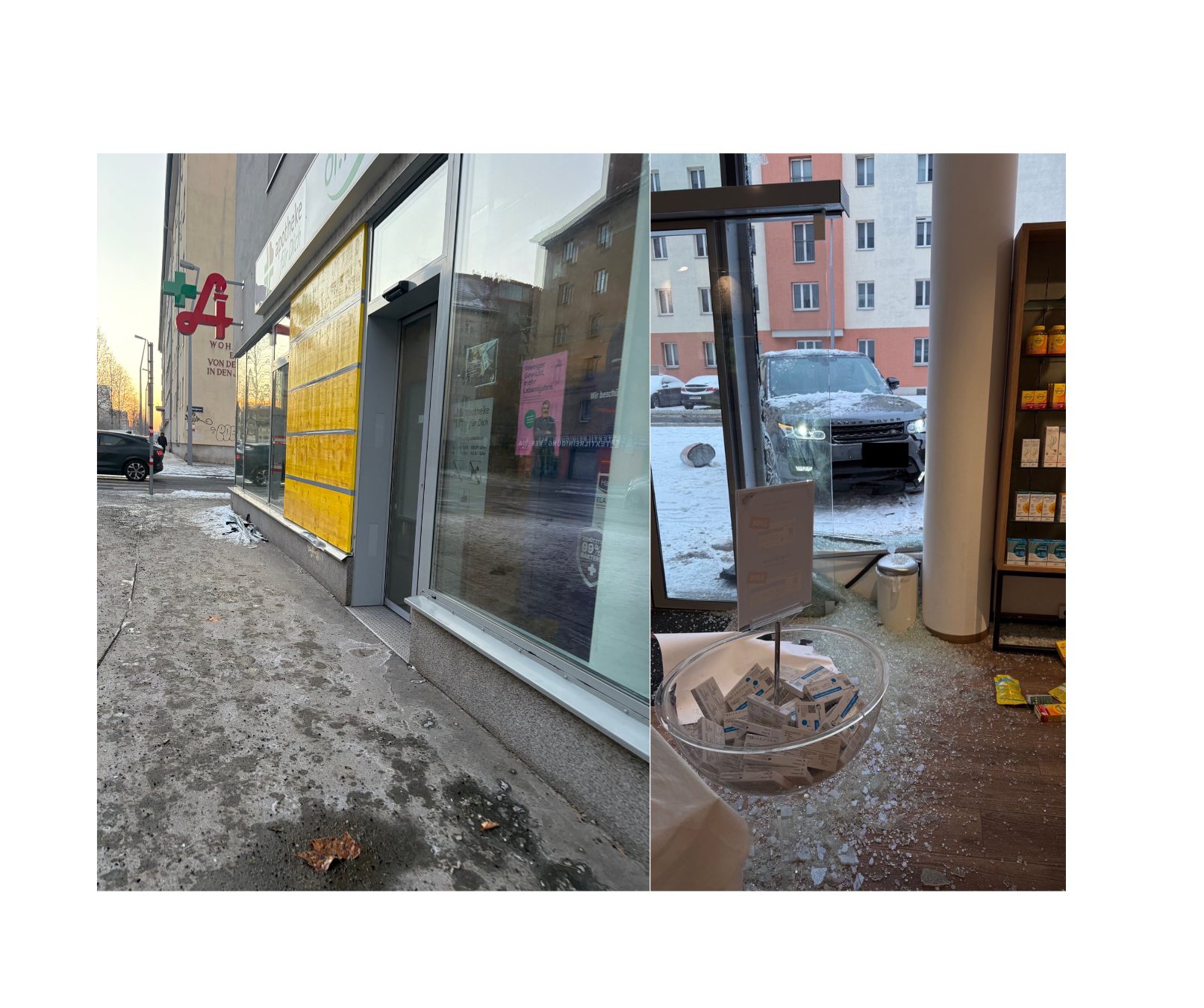 Die Apotheke ist derzeit mit gelben brettern gesichert. Nebenbei ist ein Foto wie das Auto in die Auslage kracht. Überall sind Scherben.