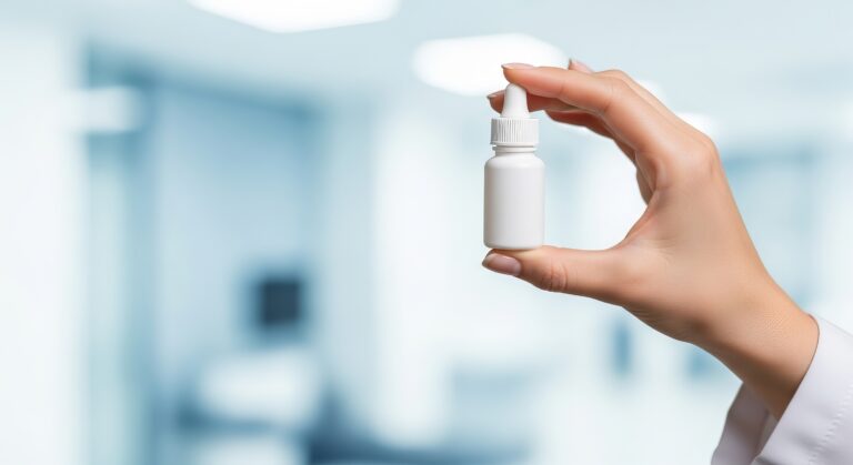 Augentropfenflasche zwischen zwei Fingern