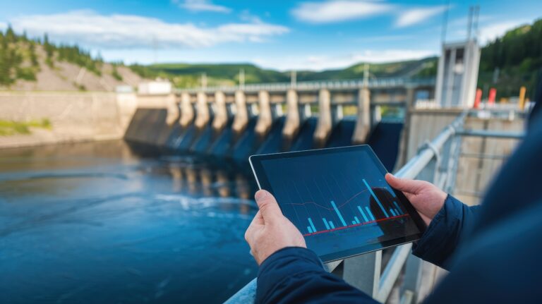 Symbolbild: Ein Mann steht mit einem Tablet bei einer Kläranlage und es ist ein Diagramm zu sehen.
