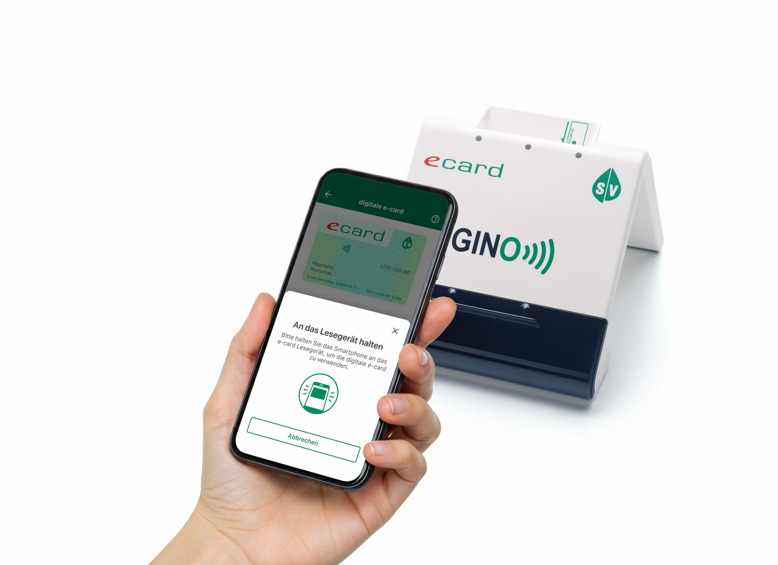 Symbolbild: Eine Hand hält die e-card App an ein Lesegerät.